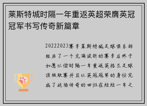 莱斯特城时隔一年重返英超荣膺英冠冠军书写传奇新篇章 莱斯特城时隔一年重返英超荣膺英冠冠军书写传奇新篇章